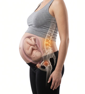 Anatomical view of pregnancy showing fetus position and mother pelvic structure