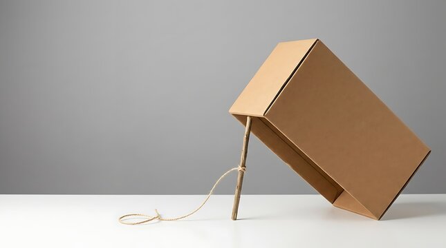 Cardboard box trap set up on clean white surface against plain light gray wall background featuring simple handmade wooden stick trigger mechanism with tied string for capture.