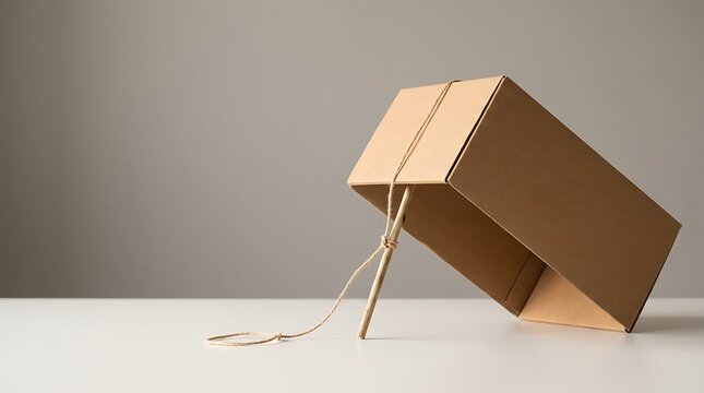 Simple cardboard box trap with wooden stick prop and tied string rope prepared for catching small animals like rodents on bright white table surface against minimalist gray wall backdrop.