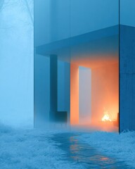 Obraz premium A glass house stands in a winter scene. Warm light from a hearth glows through frost. The place feels inviting in the cold.