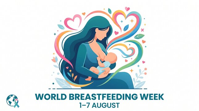 World breastfeeding week awareness poster with caring mother and infant, awareness