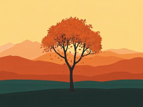 A single autumn tree stands before layered hills at sunset. Nature concept.