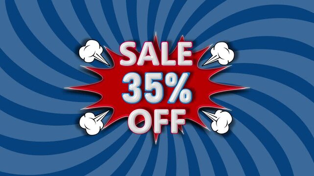35% off sale promotional motion with dynamic blue sunburst background, and comic style, burst discount
