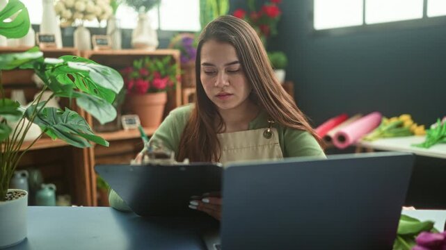Woman florist at laptop holding clipboard, hand to temple gesture in studio surrounded by potted plants and florist supplies; quiet frustration.
