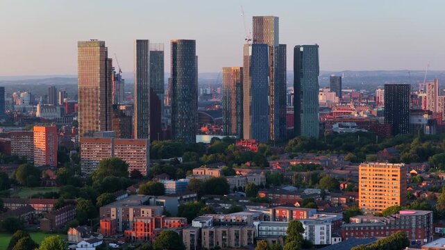 Telephoto Aerial Video Featuring  Barrack Park and Deansgate, Manchester Skyline