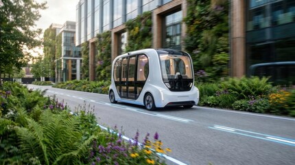 Fototapeta premium Autonomous electric shuttle bus in modern city