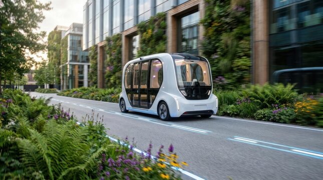 Autonomous electric shuttle bus in modern city