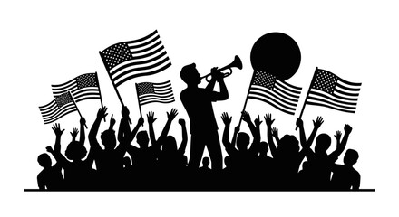 Patriotic Silhouette of Crowd with American Flags and Trumpet Player © Suris