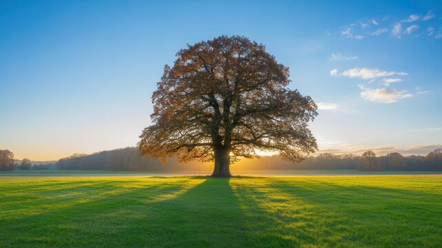A single oak tree glows in autumn sun. Nature scene for ecology concepts.