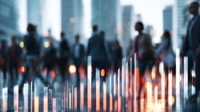 Market analysis revealing customer behavior concept of competitive advantage selective focus dynamic Double exposure urban business center backdrop