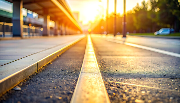 Sunset at train station platform edge.