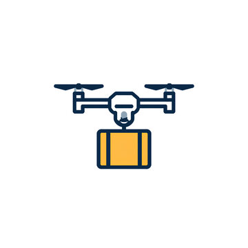 Quadcopter drone carrying a yellow suitcase
