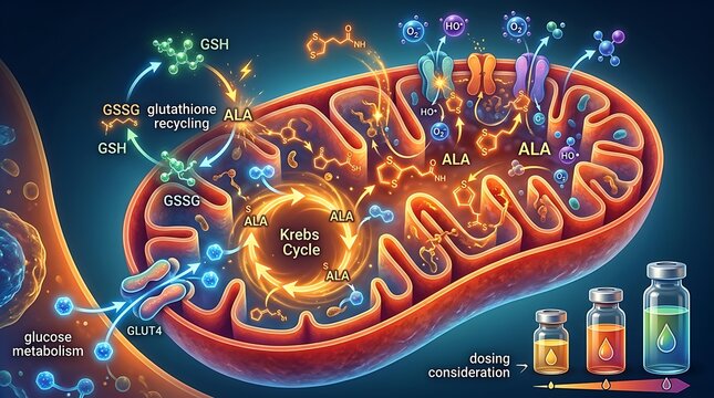 Cellular mitochondria diagram depicting metabolic cycles and chemistry