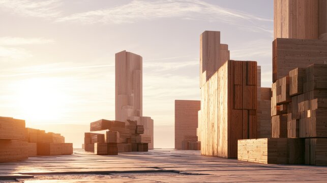 Mass timber CLT panels are stacked at a construction site during sunrise. The warm wood tones contrast with the sky above.