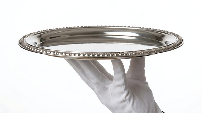 Hand holding silver tray with empty plate isolated on white background