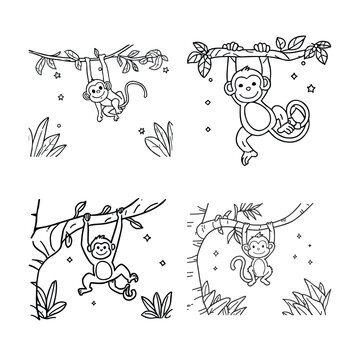 Cute monkey coloring book pages, cartoon jungle animals vector set, line art primate illustrations