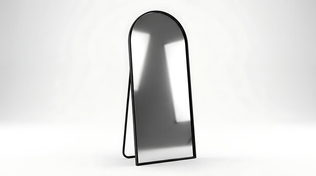 Modern tall floor mirror in a minimalist room isolated on white background