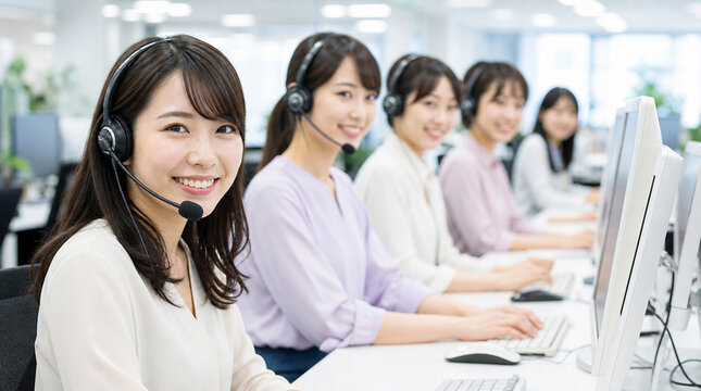 笑顔で対応するヘッドセット姿の日本人女性コールセンターチーム
Group of smiling Japanese female call center operators wearing headsets in a bright modern office
