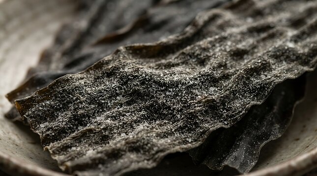 Dried kombu kelp seaweed strips with natural salt crystals on a ceramic plate