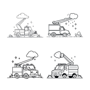 Bucket truck line art collection, utility vehicle vector set, cherry picker truck illustrations
