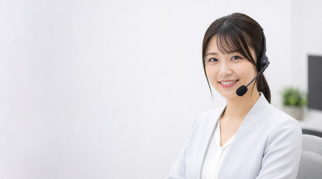 ヘッドセットを着用して微笑む日本人カスタマーサポート女性のポートレート
Portrait of a friendly Japanese customer support woman wearing a headset
