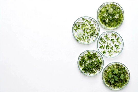 Green plant microalgae cellular extract in glass petri dishes on white background top view biotechnology skin barrier skincare science concept