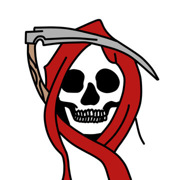 Grim reaper in red hood with scythe vector icon.