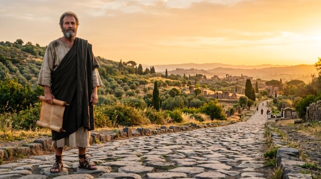 Apostle Paul standing on ancient Roman road