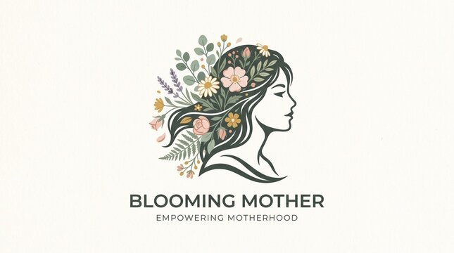 Blooming mother illustration portrait concept with flowers and natural foliage