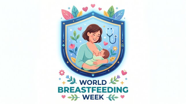 World breastfeeding week badge design mother nursing baby with stethoscope icon