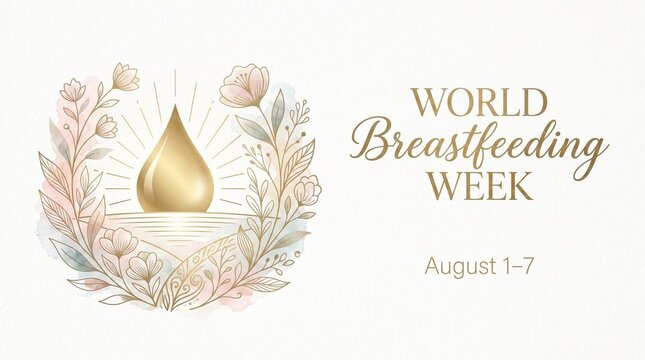 World breastfeeding week golden drop illustration floral border august event design