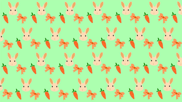 Seamless brown Bunny, Carrot and Pink Bow Pattern on Pastel Green Background