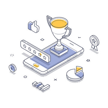Feedback evaluation rate customer satisfaction concept isometric line vector illustration. Best choice client rating service support retail trophy award reward mobile app digital technology