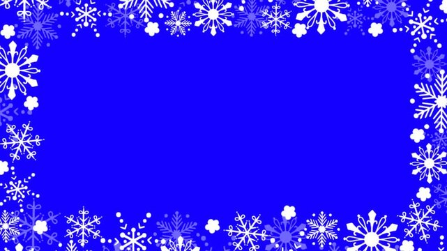 Festive winter snowflake frame animation on a blue screen chroma key background
