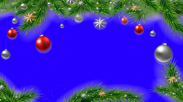 Festive Christmas blue screen frame with pine branches and hanging ornaments