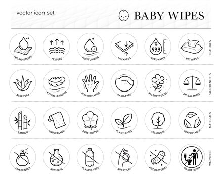 Baby wet wipes vector icon set. The outline vector icons are well scalable and editable for packaging label design. Great for infographic for different backgrounds. EPS10.
