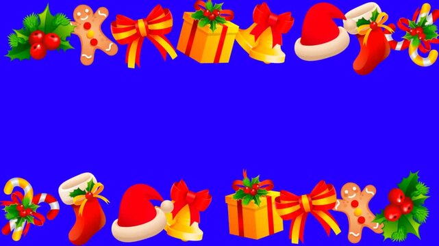 Festive Christmas border animation with holiday elements like gifts, Santa hats, and bells on blue screen