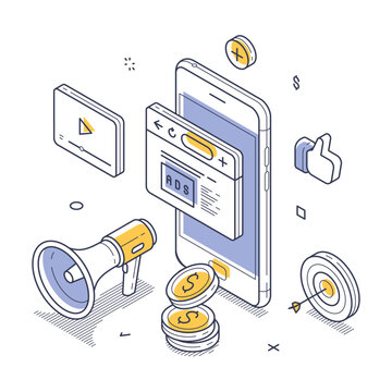 PPC internet marketing promotion campaign concept isometric line vector illustration. Online advertising pay per click promo strategy cyberspace commercial advertisement mobile app digital technology
