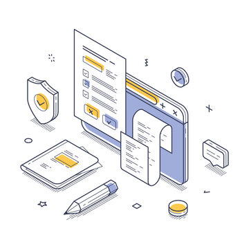 Terms and conditions internet agreement legal form concept isometric line vector illustration. User policy safety contract insurance application document information guarantee approval commitment