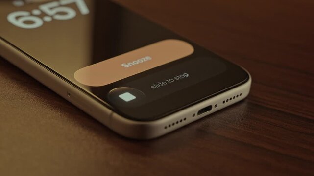 Hand Snoozing Alarm on Smartphone in Bed.
