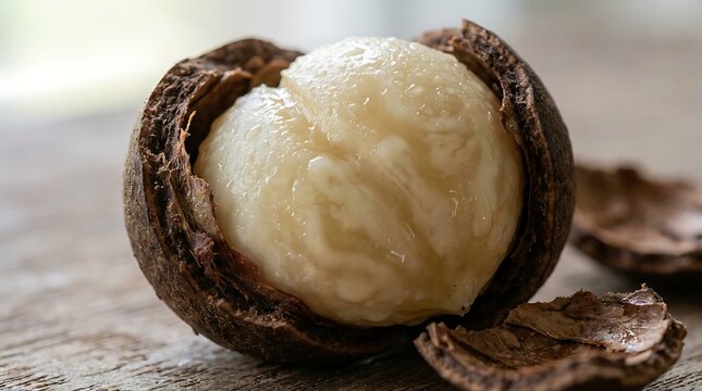 Fresh macadamia nut with cracked shell resting on a textured wooden surface close