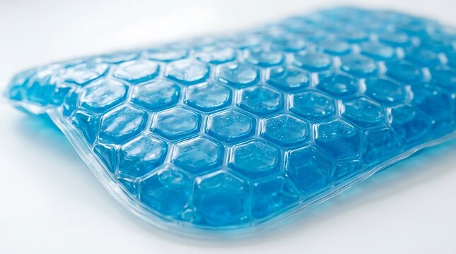 Blue gel ice pack with hexagonal pattern for cold therapy treatment with isolated clean white background soft lighting