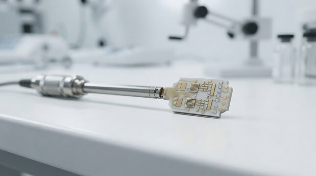 Advanced medical sensor probe with microchip circuitry resting on laboratory workbench surface