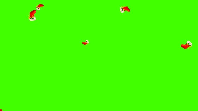 Festive animation of falling Christmas stockings with green leaves and yellow bows on green screen