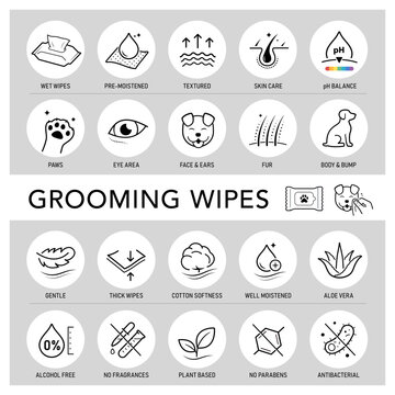Pet grooming wipes icon set. The outline vector icons are well scalable and editable for packaging label design. Great for infographic for different backgrounds. EPS10.