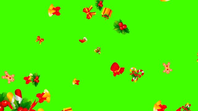 Festive animation of falling Christmas elements like gifts, candy canes, and gingerbread men on green screen