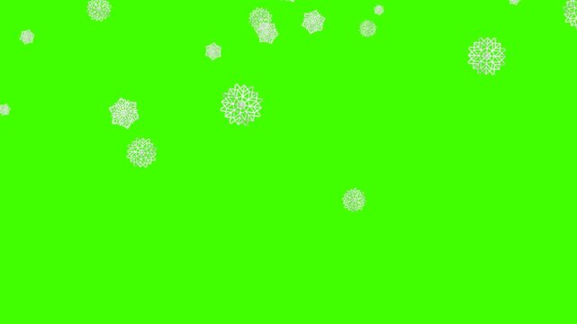Festive animation of gold glitter snowflakes falling down against a green screen background