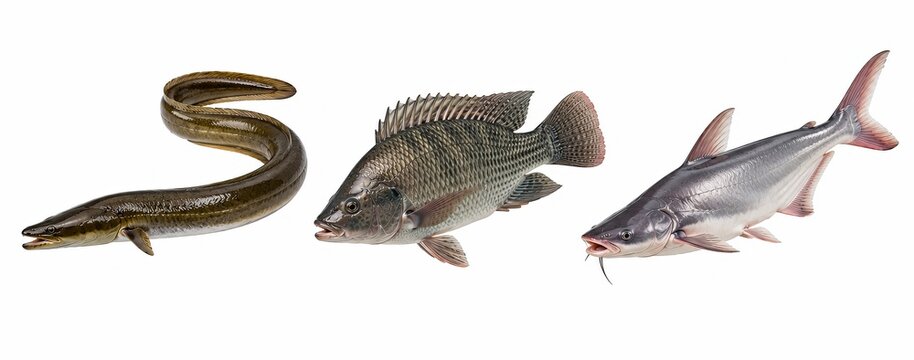 Assortment of Fresh Freshwater Fish: Eel, Tilapia, and Pangasius Catfish Isolated on White Background
