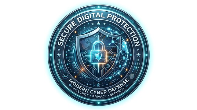 Glowing blue circular emblem featuring a digital shield and padlock icon for high level cyber security technology on white background