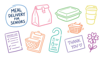 Fototapeta premium Colorful hand-drawn icons representing meal delivery, senior assistance, and community support initiatives, perfect for illustrating helpful services.